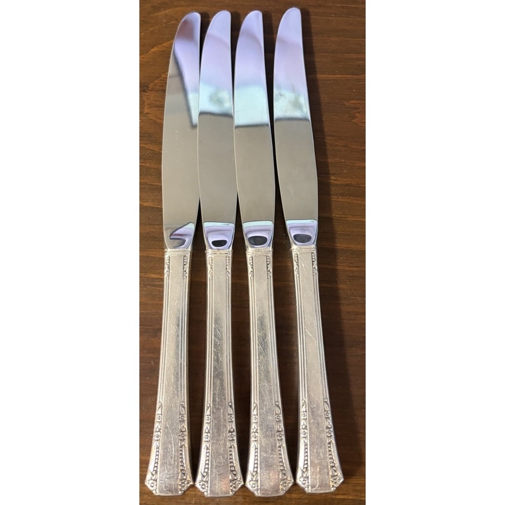 1881 Roger's Floral Queen Dinner Knives Set 4 Silverplate Handle Stainless Blade